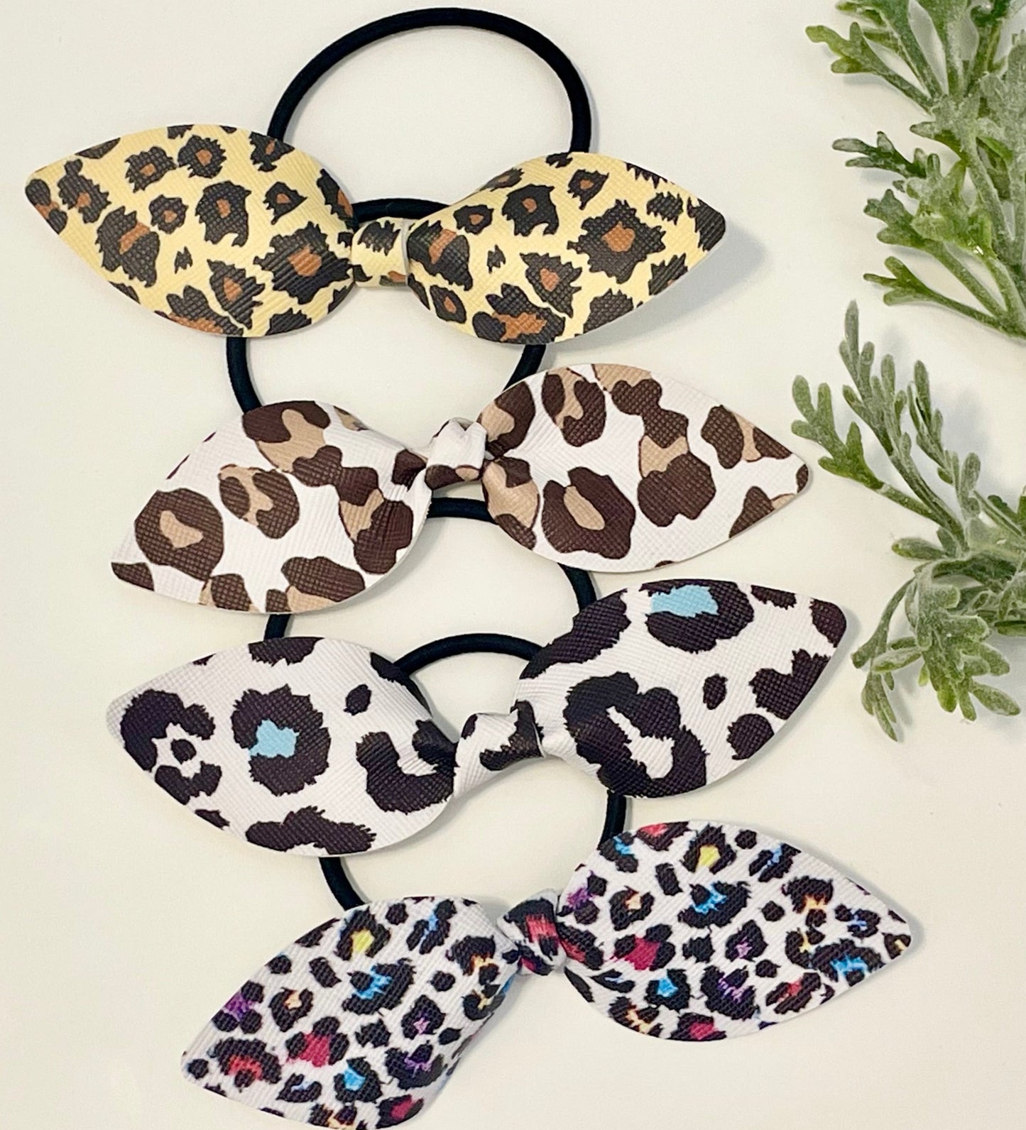 Leatherette Knotted Bow Hair Ties - Leopard Prints