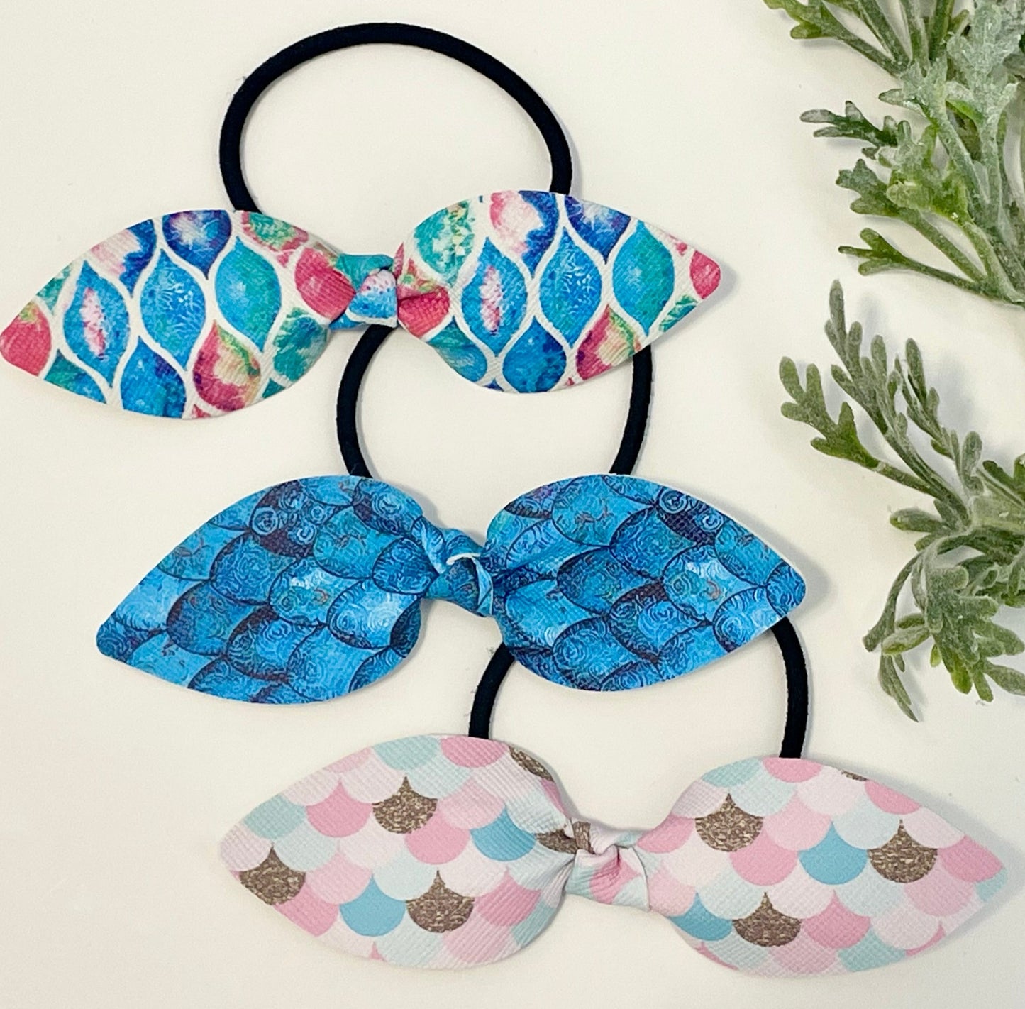 Leatherette Knotted Bow Hair Ties - Mermaid Print