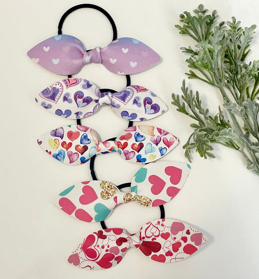 Leatherette Knotted Bow Hair Ties - Heart Prints