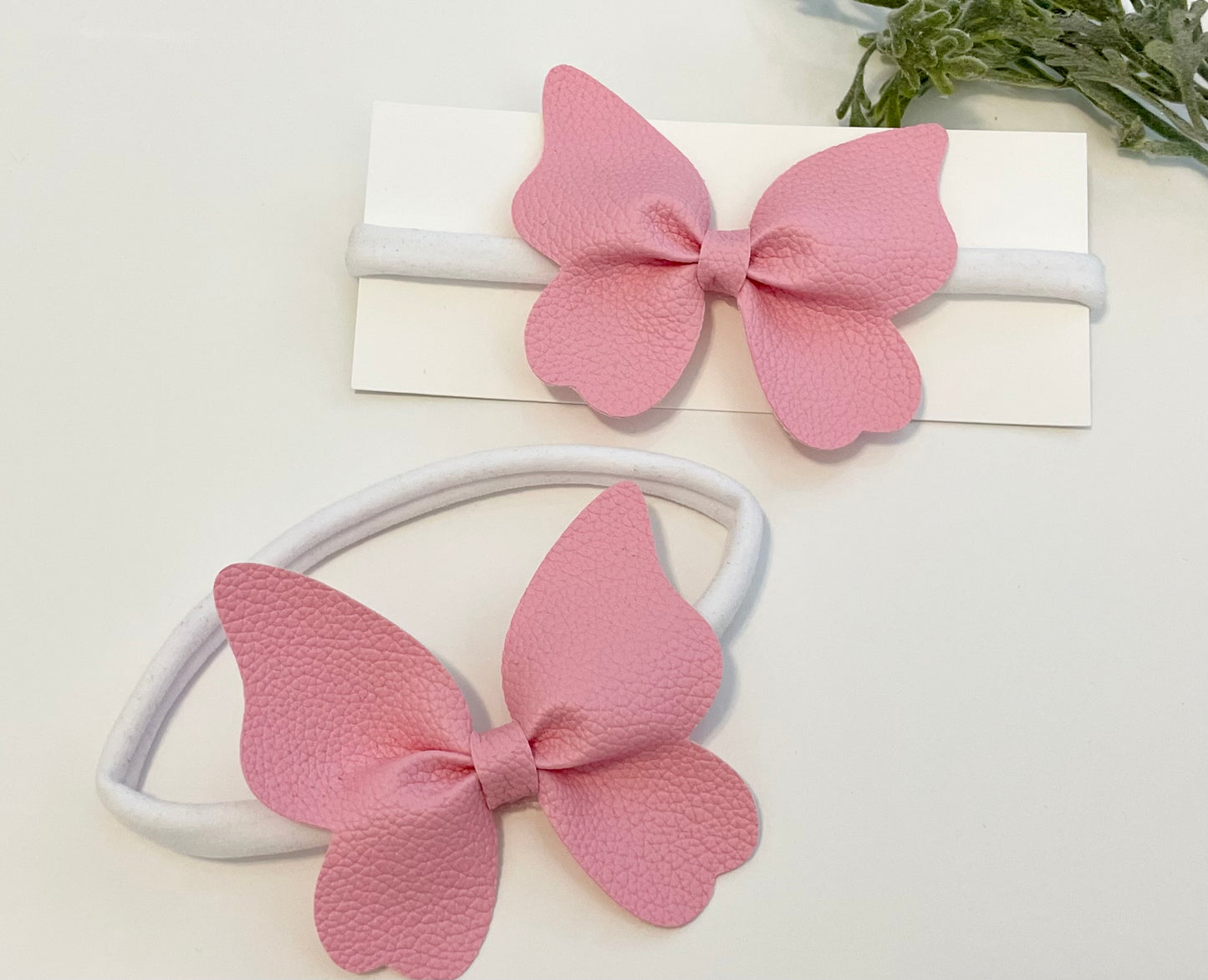 Nylon Headband with Leatherette Bow - Large Pink Butterfly