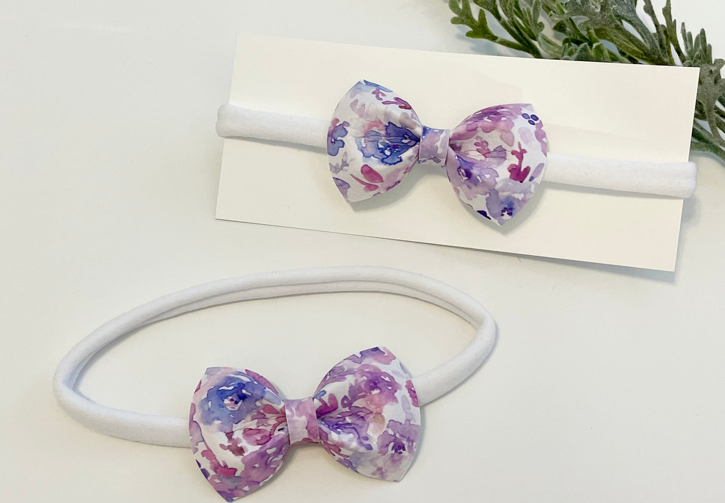 Nylon Headband with Leatherette Bow - Purple Watercolor Floral