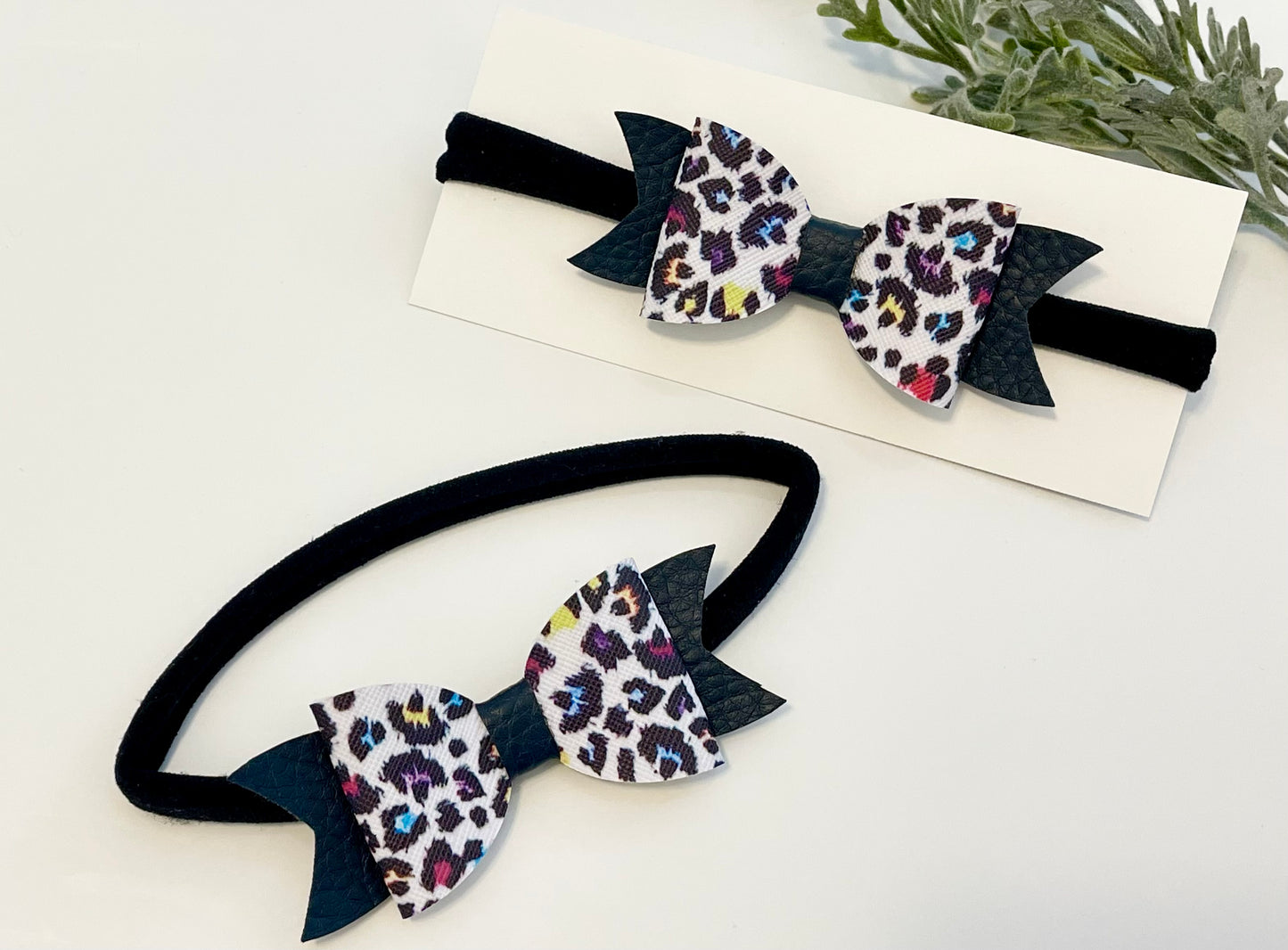 Nylon Headband with Leatherette Bow - Black & Colorful Leopard