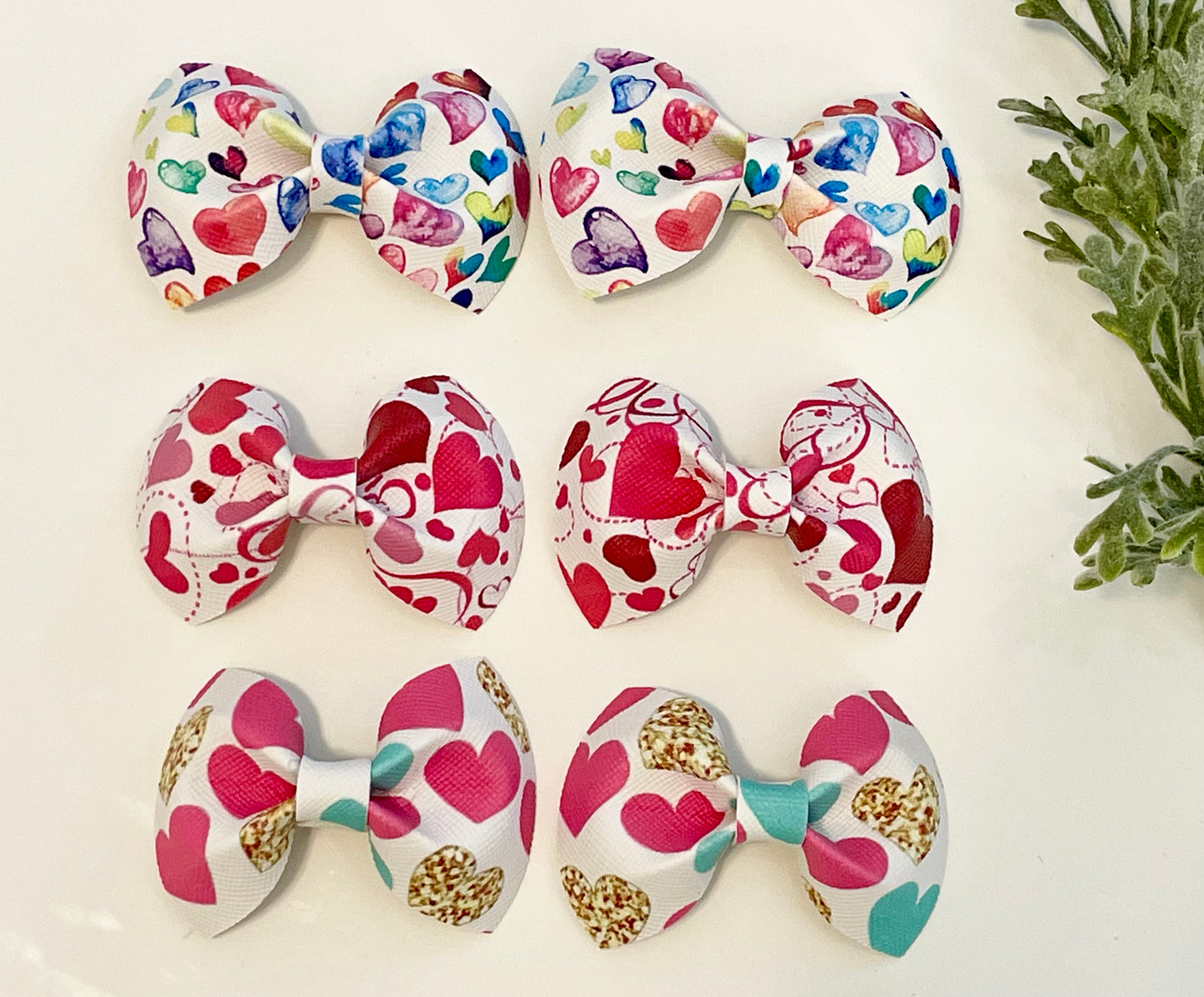 Pigtail Bows - Watercolor Hearts