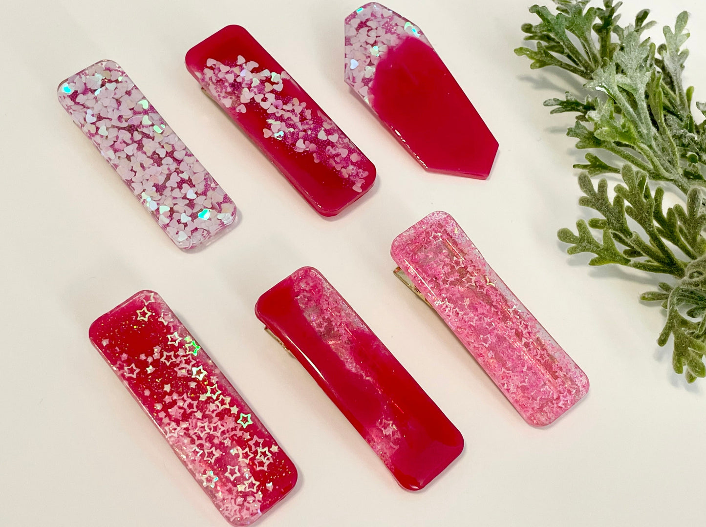 Resin Hair Clips - Pinkish Red w/ Stars & Hearts