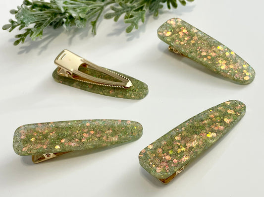 Resin Hair Clips - Green & Gold Glitter