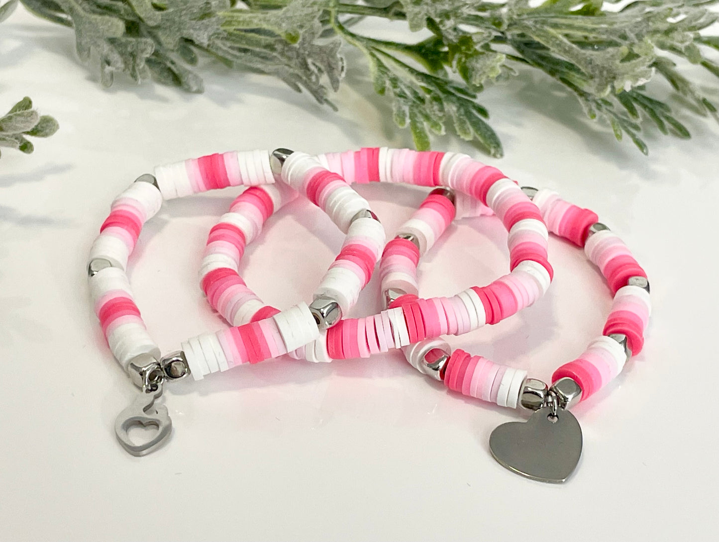 Heishi Stack Bracelets - Pink, White & Silver (Youth Sizing)