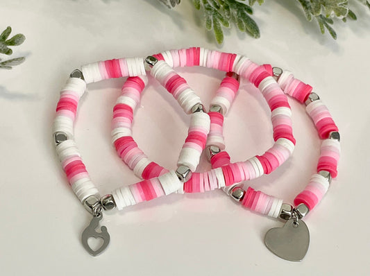 Heishi Stack Bracelets - Pink, White & Silver (Youth Sizing)