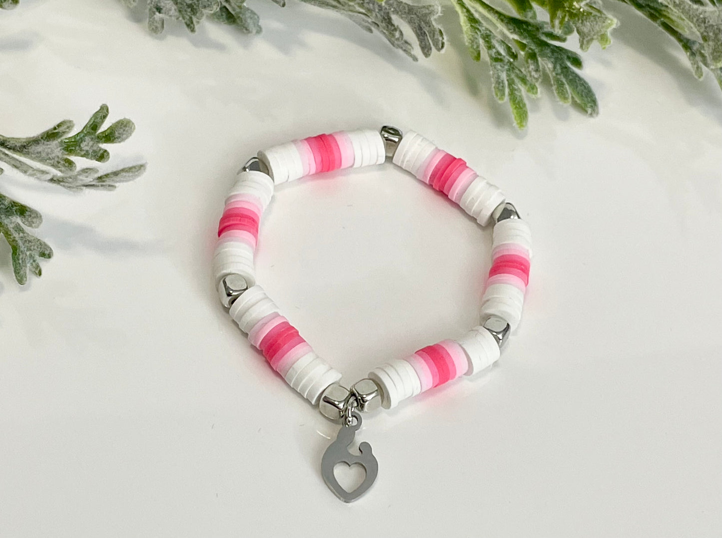 Heishi Stack Bracelets - Pink, White & Silver (Youth Sizing)