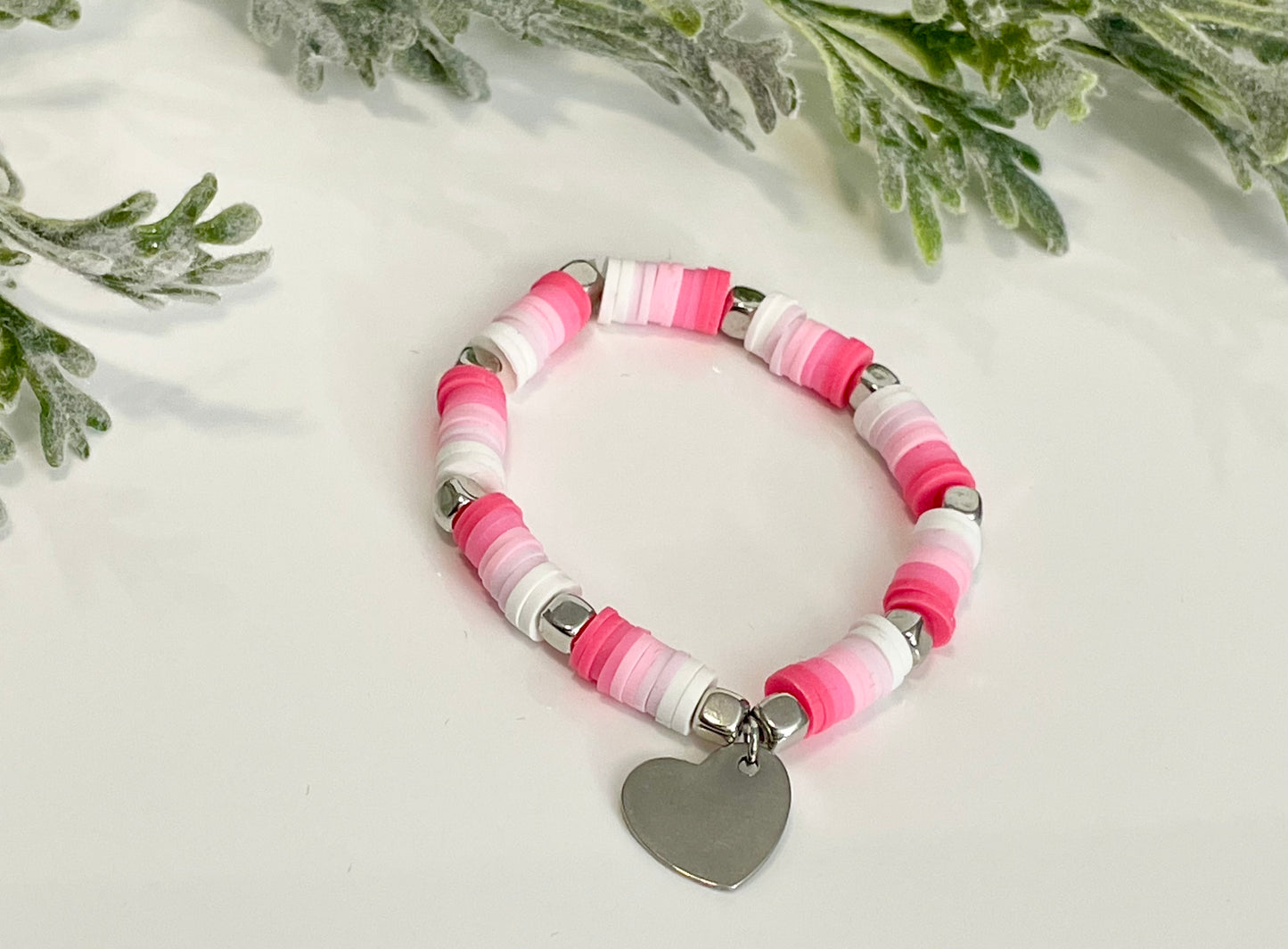 Heishi Stack Bracelets - Pink, White & Silver (Youth Sizing)