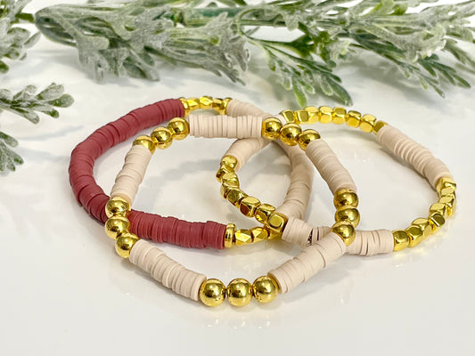 Heishi Stack Bracelets - Beige & Gold