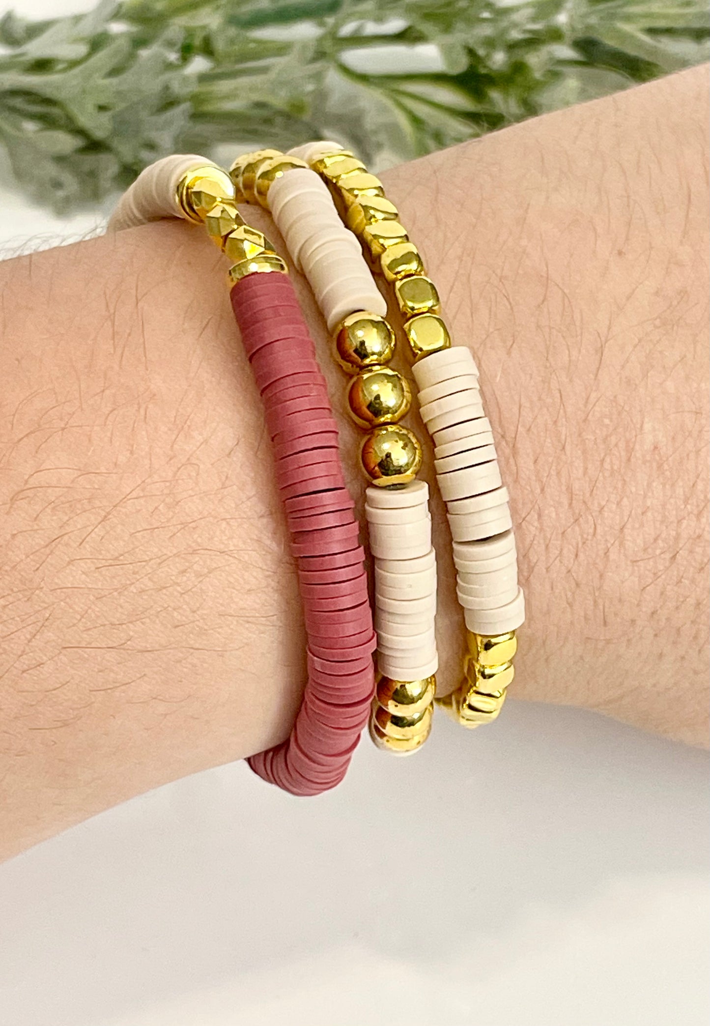 Heishi Stack Bracelets - Beige & Gold