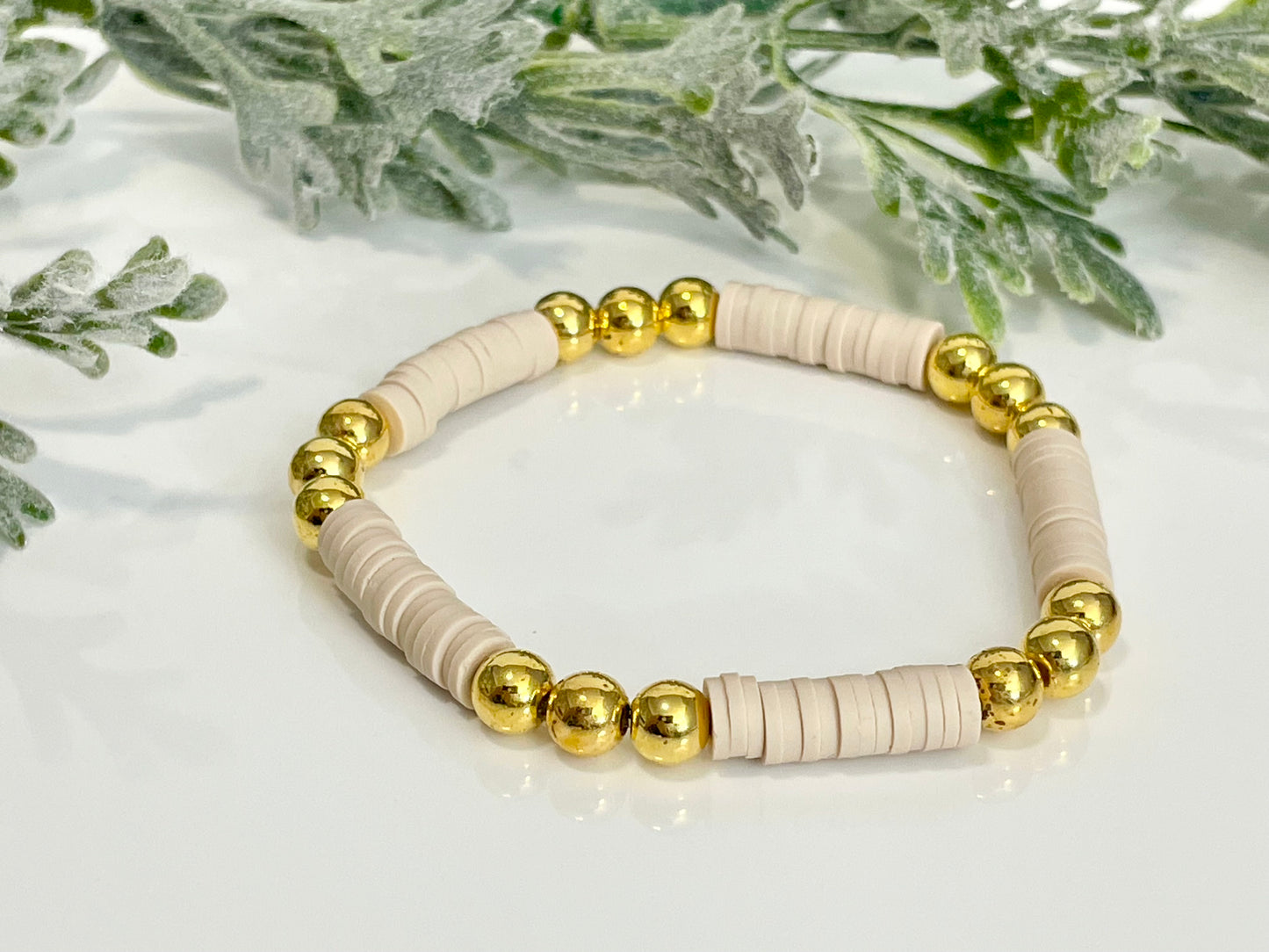 Heishi Stack Bracelets - Beige & Gold