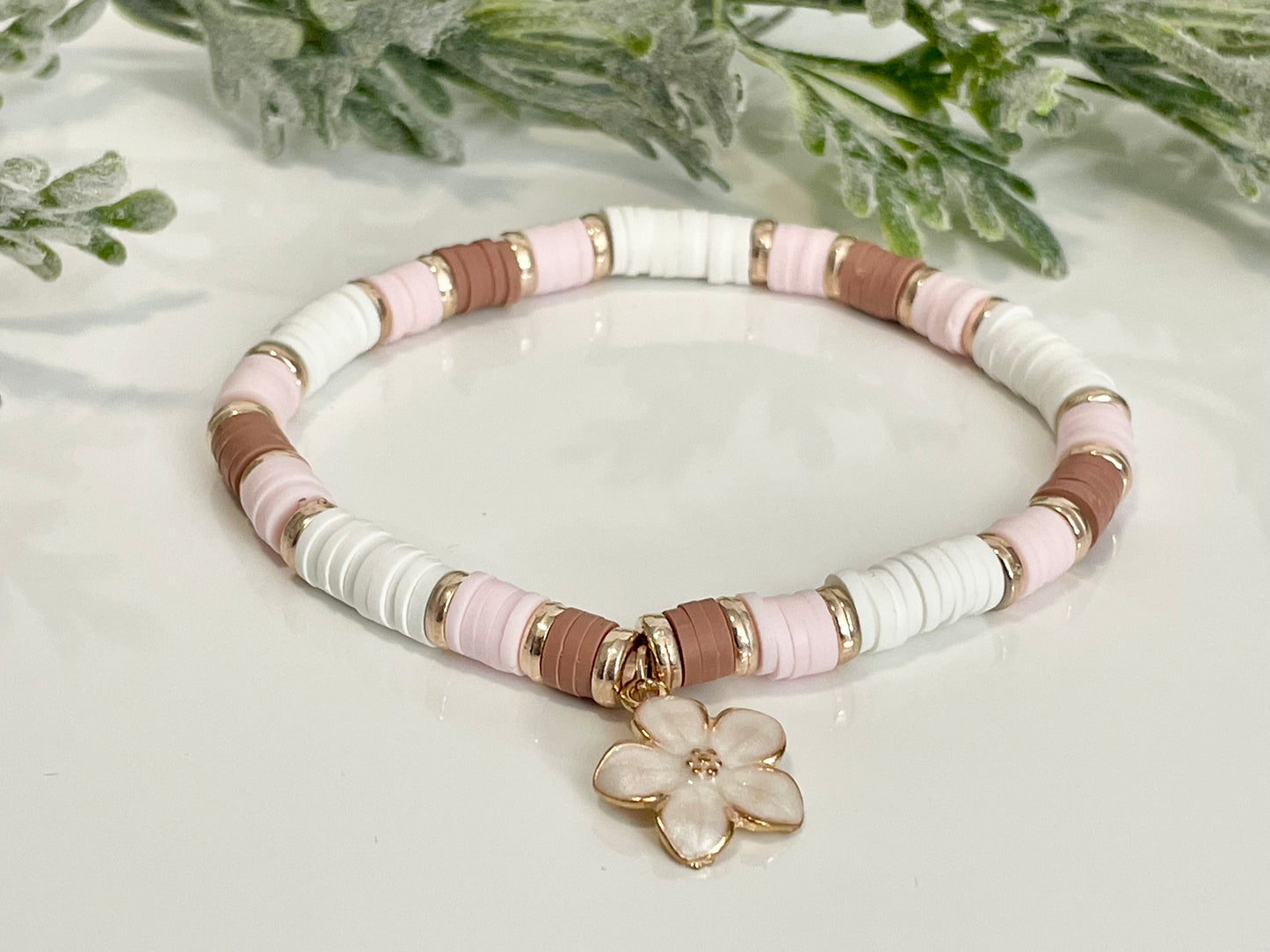 Heishi Stack Bracelets - Dusty Rose, White & Gold