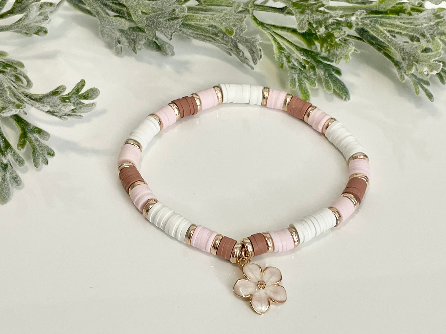 Heishi Stack Bracelets - Dusty Rose, White & Gold