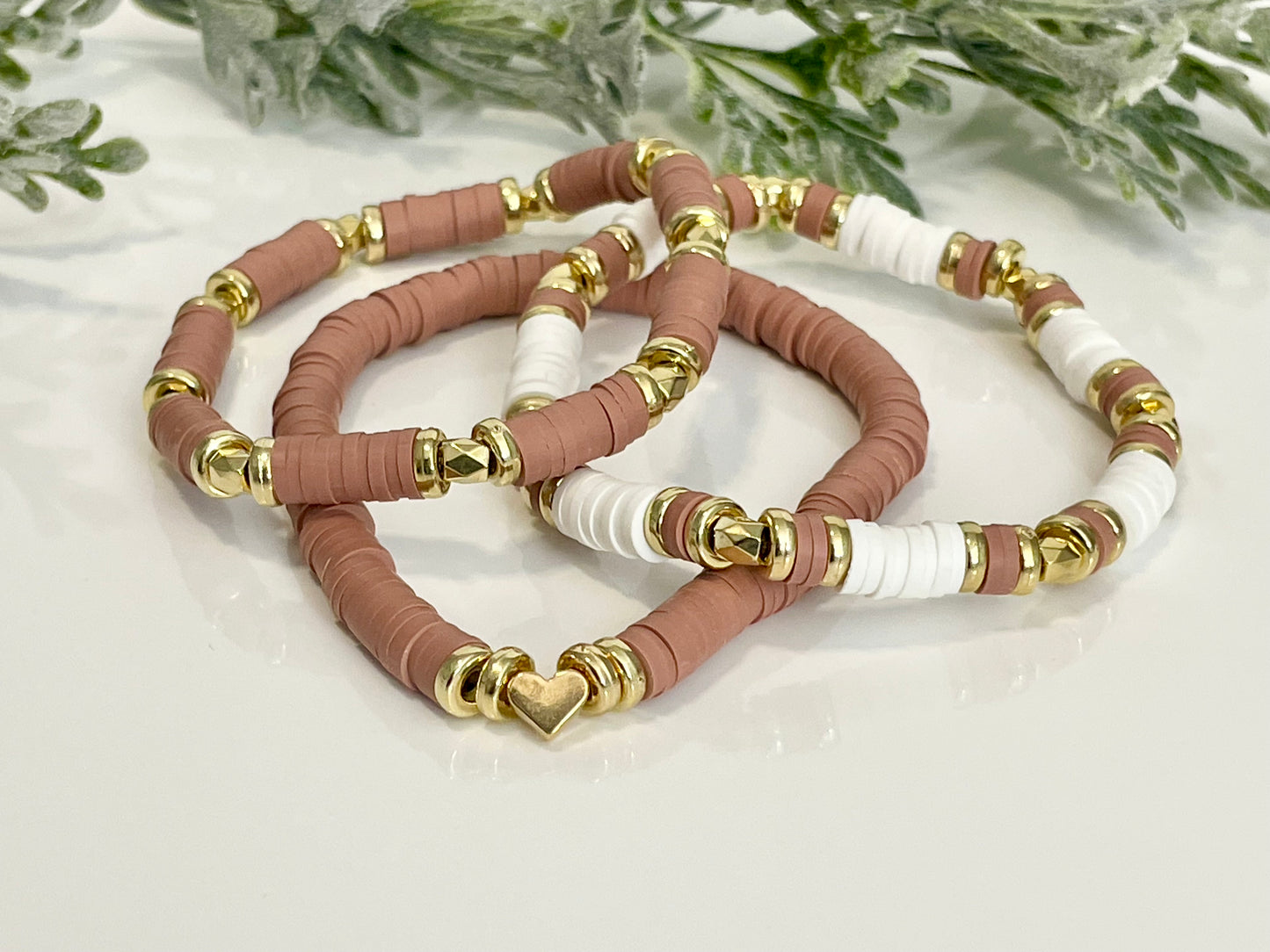 Heishi Stack Bracelets - Dusty Rose, White & Gold