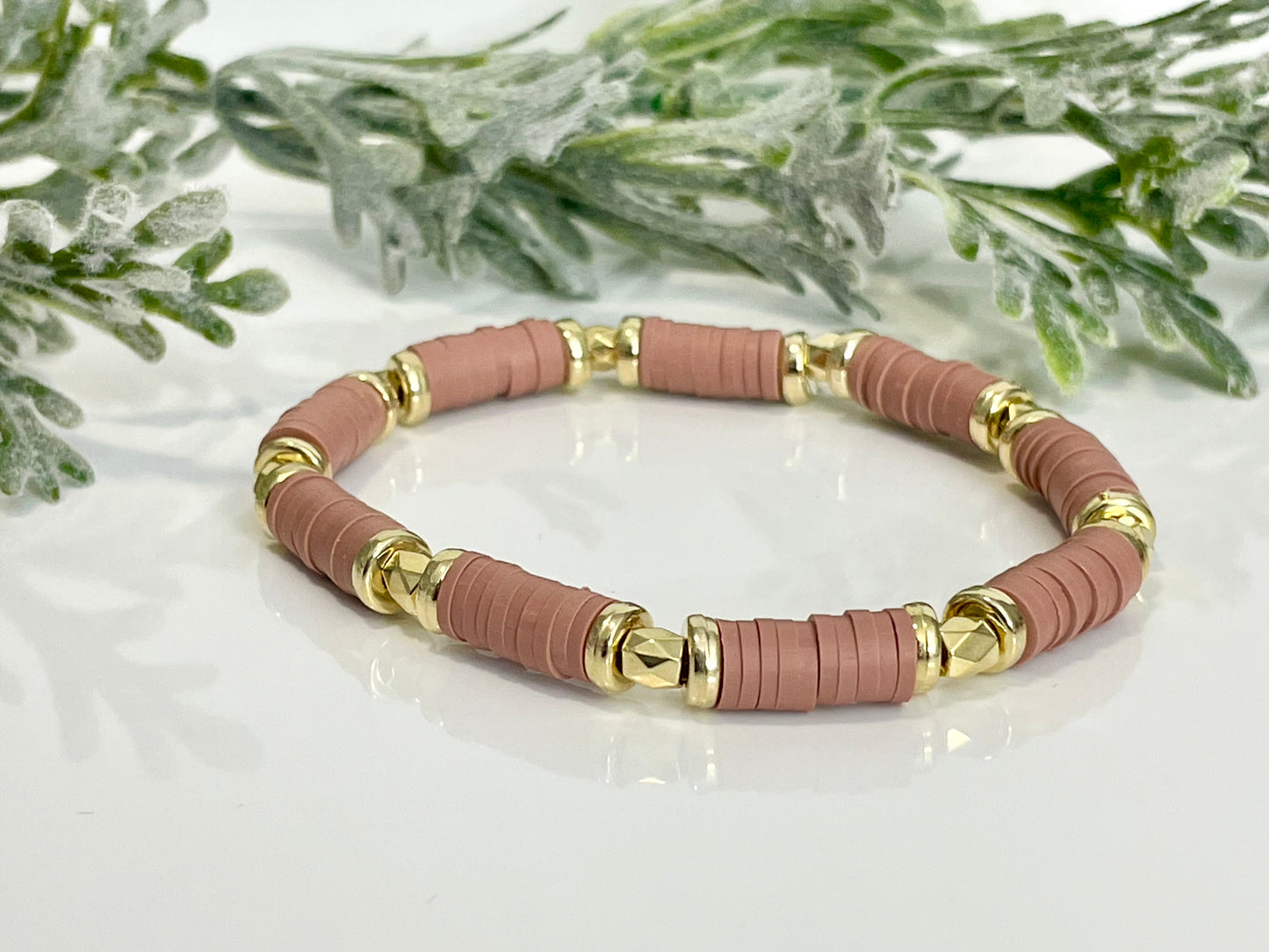 Heishi Stack Bracelets - Dusty Rose, White & Gold