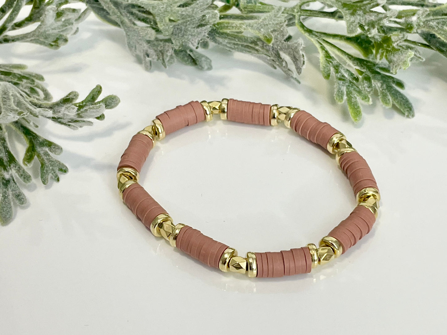 Heishi Stack Bracelets - Dusty Rose, White & Gold