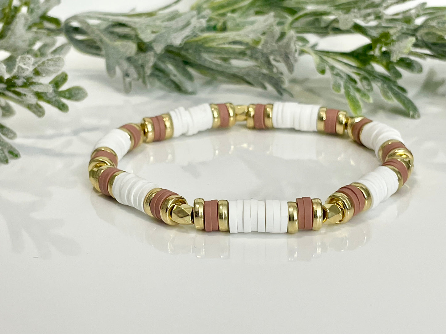 Heishi Stack Bracelets - Dusty Rose, White & Gold