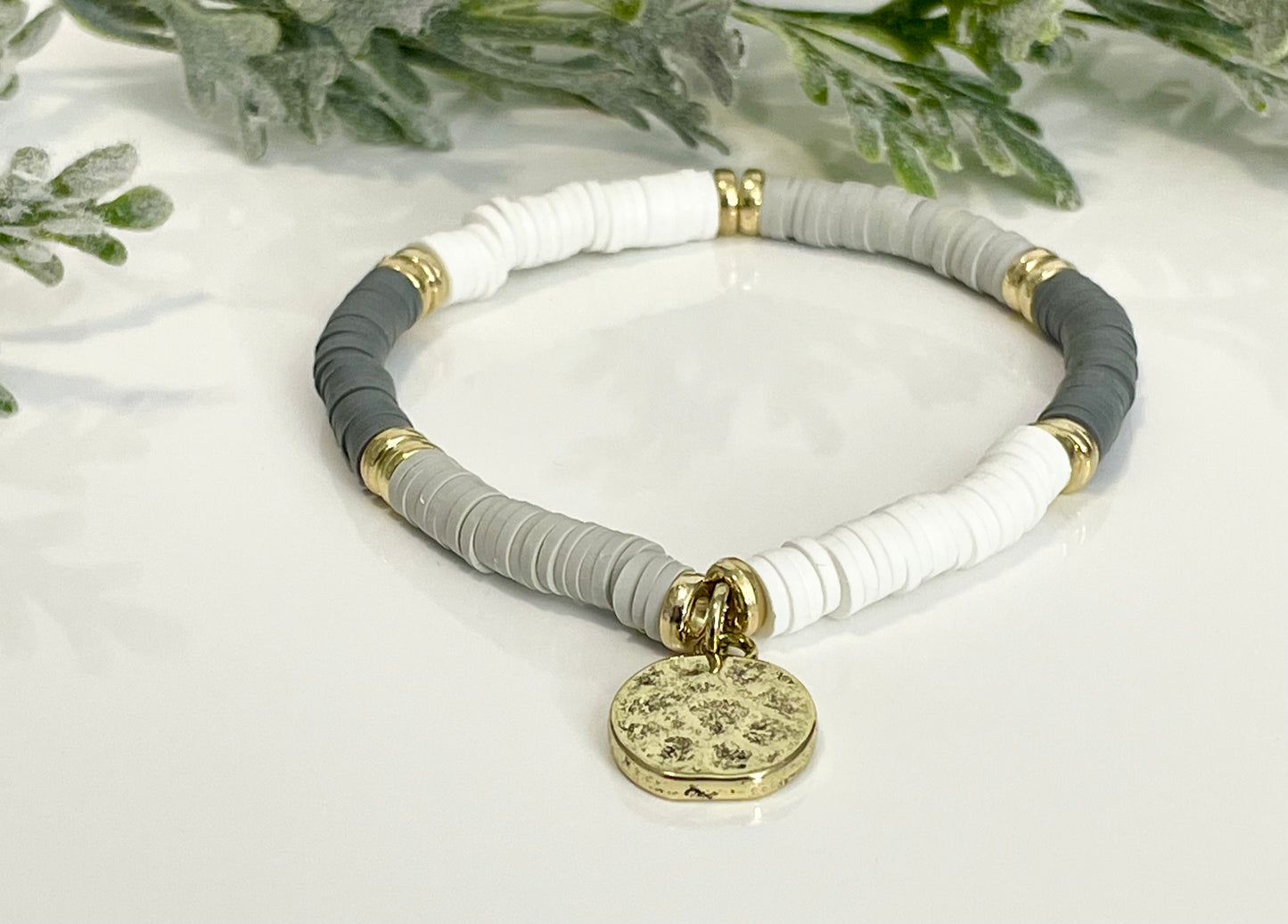 Heishi Stack Bracelets - White & Grey with Charms