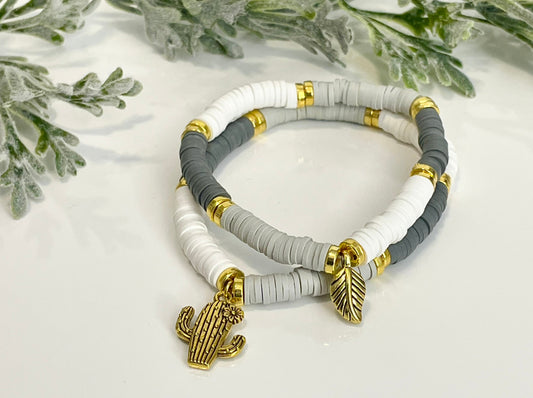 Heishi Stack Bracelets - White & Grey with Charms