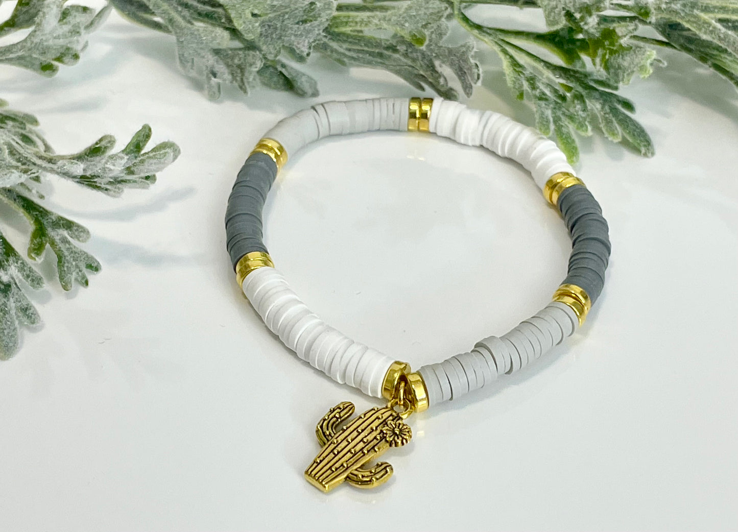 Heishi Stack Bracelets - White & Grey with Charms