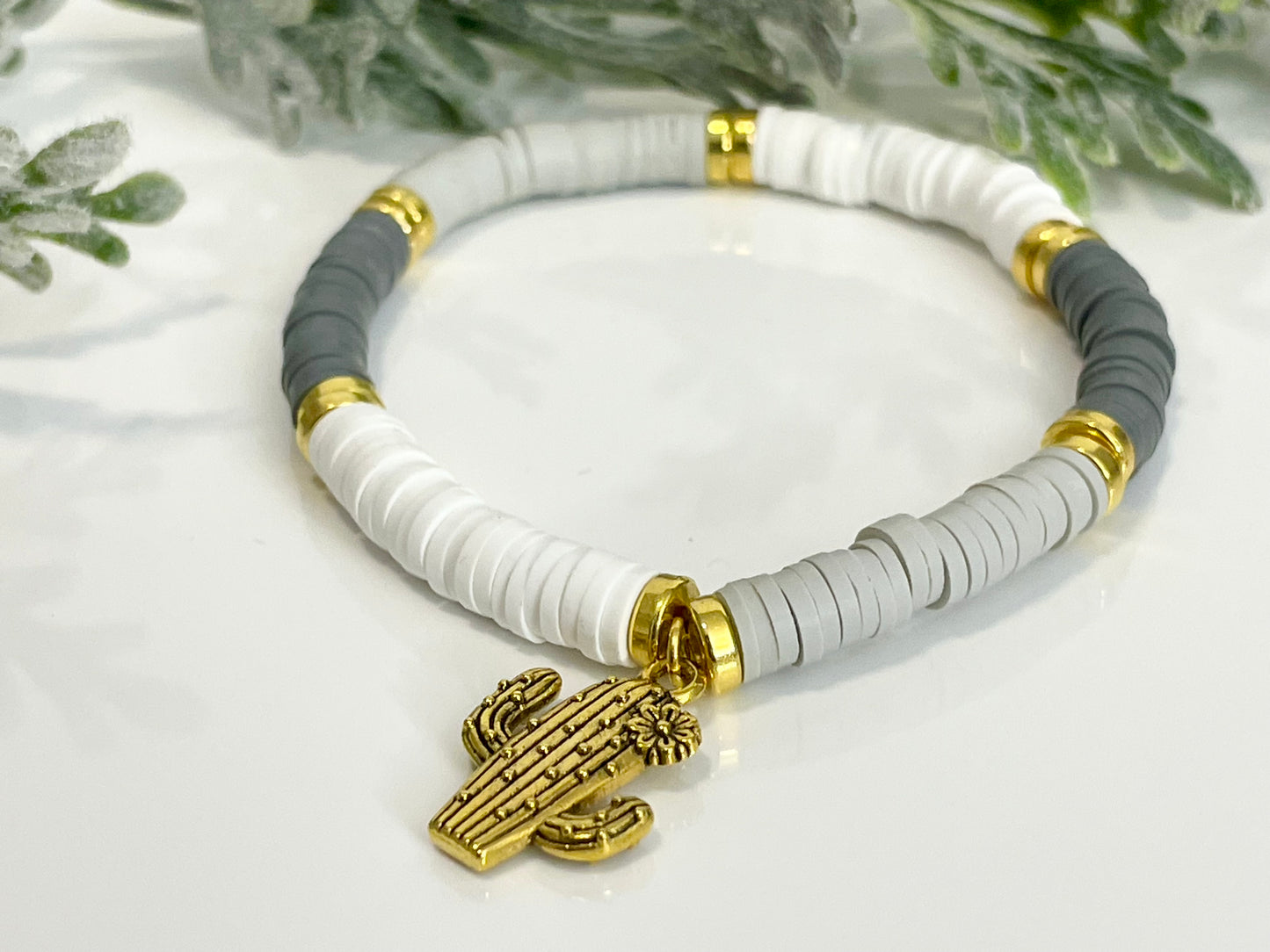 Heishi Stack Bracelets - White & Grey with Charms