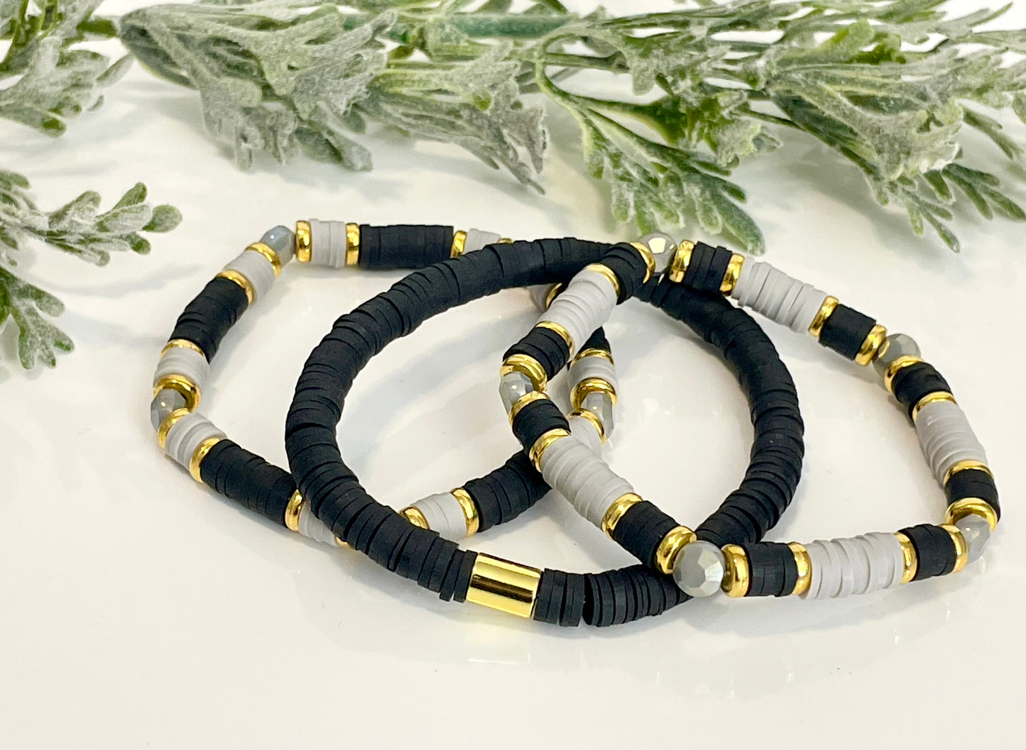 Heishi Stack Bracelets - Black, Grey & Gold