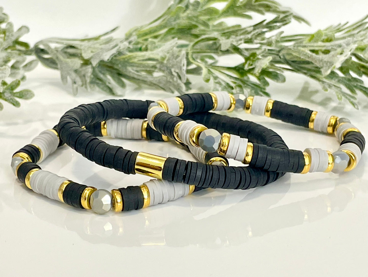 Heishi Stack Bracelets - Black, Grey & Gold