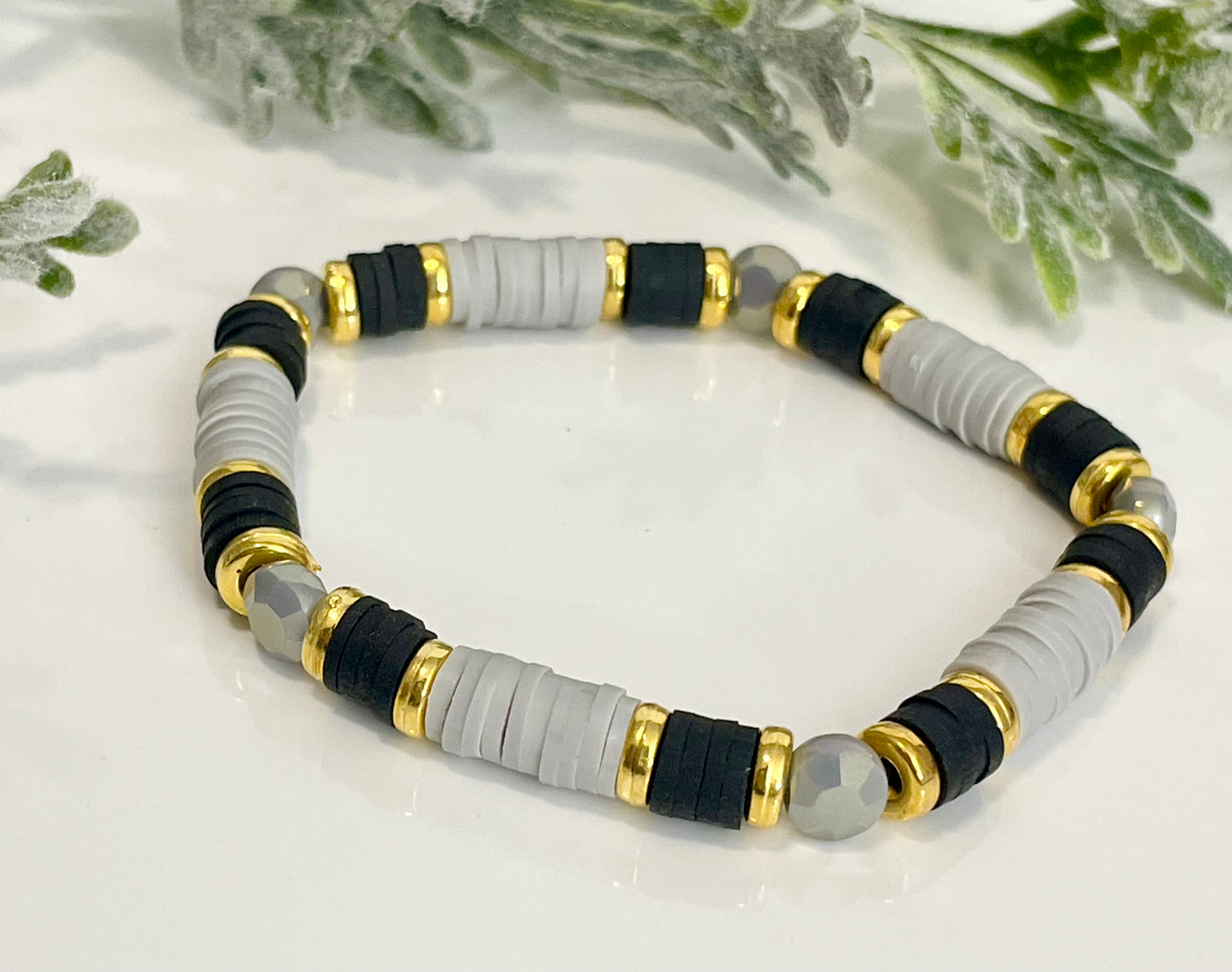 Heishi Stack Bracelets - Black, Grey & Gold