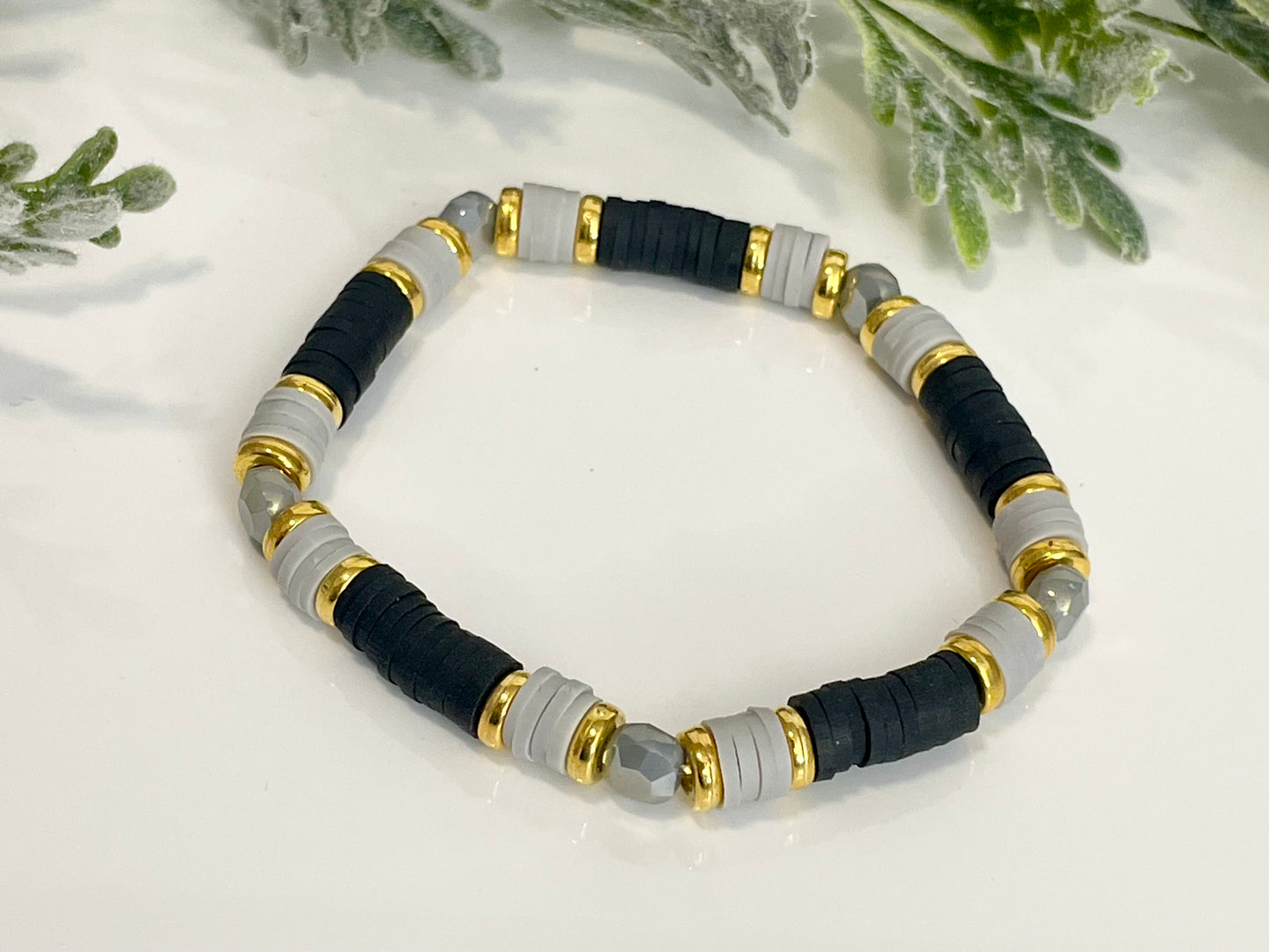 Heishi Stack Bracelets - Black, Grey & Gold