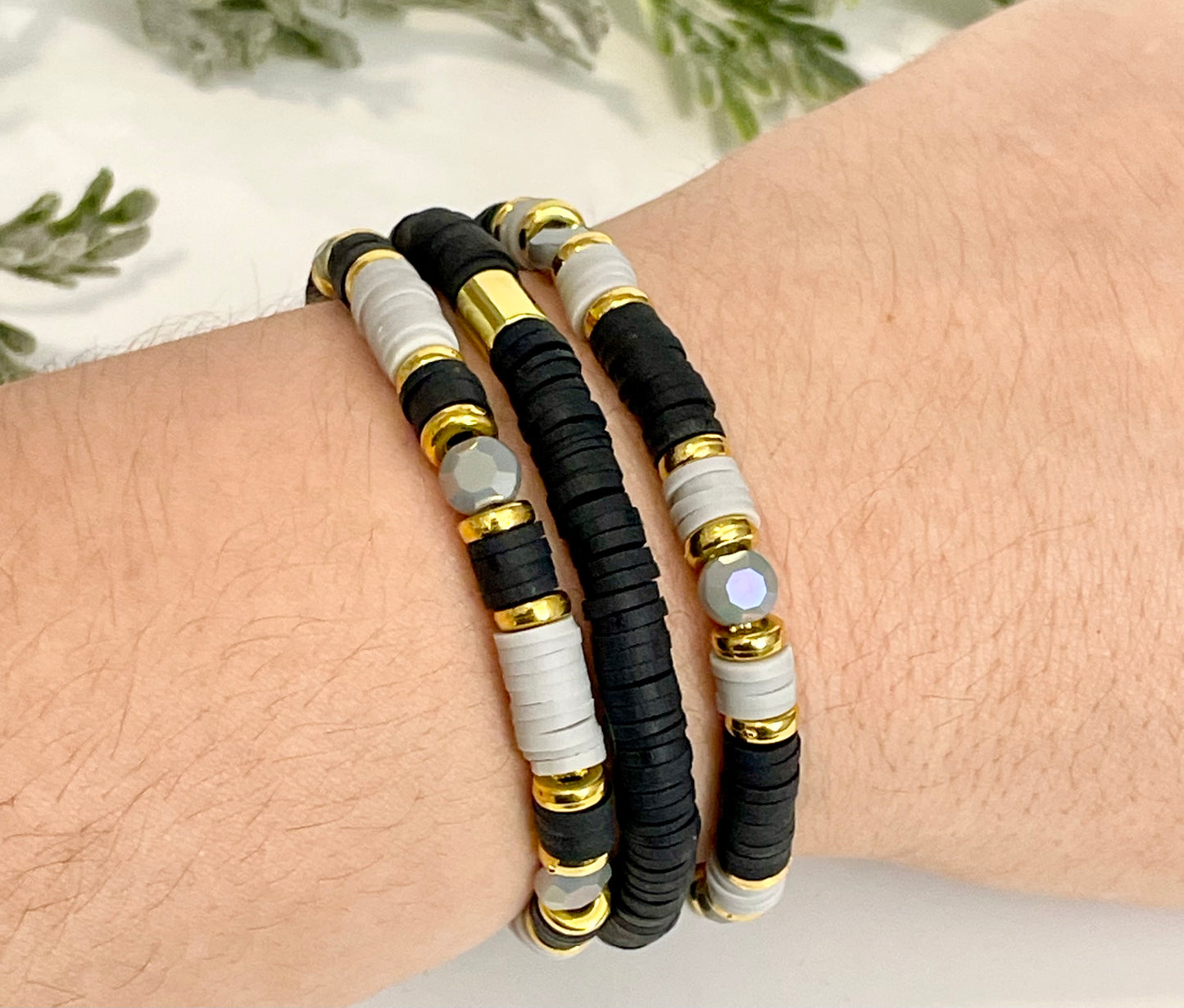 Heishi Stack Bracelets - Black, Grey & Gold