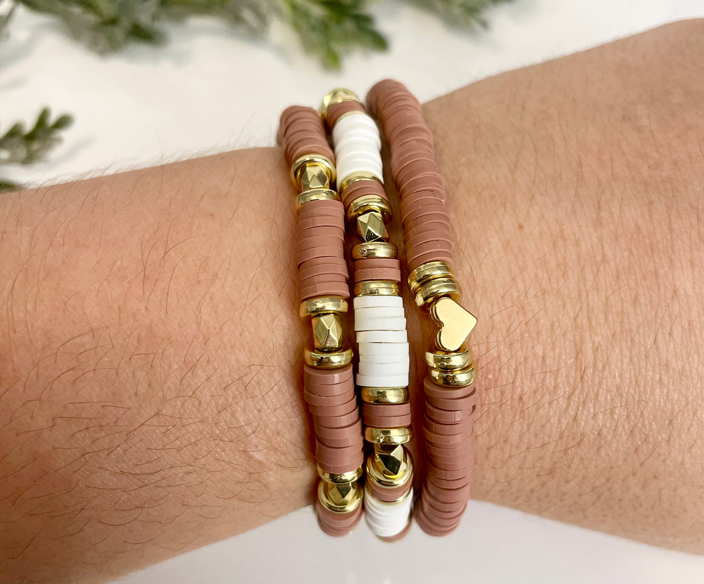 Heishi Stack Bracelets - Dusty Rose, White & Gold