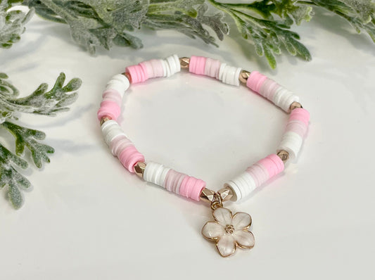 Heishi Stack Bracelets - Light Pinks & Rose Gold Flower