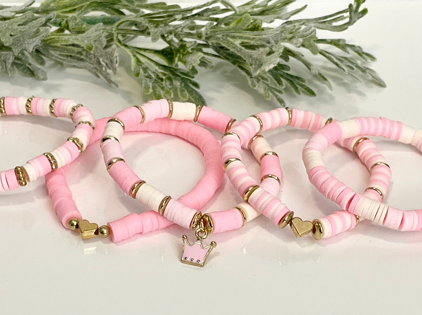 Heishi Stack Bracelets - Light Pinks & Gold (Youth Sizing)