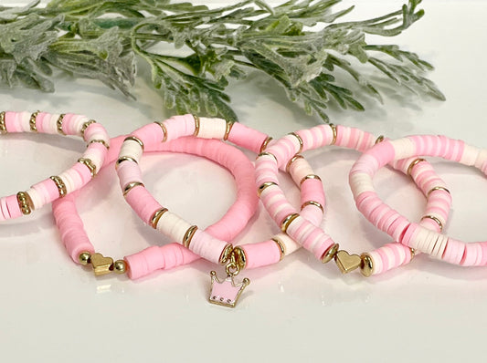 Heishi Stack Bracelets - Light Pinks & Gold (Youth Sizing)