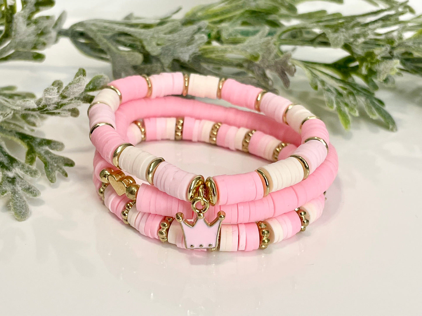 Heishi Stack Bracelets - Light Pinks & Gold (Youth Sizing)