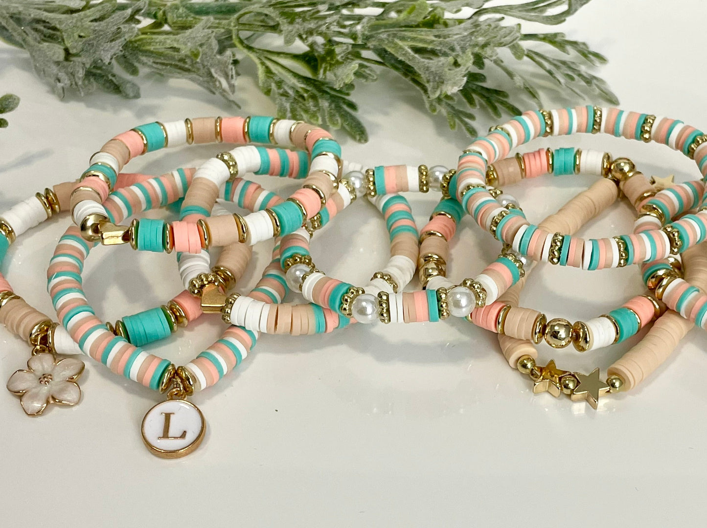 Heishi Stack Bracelets - Teals, Corals & Gold (Youth Sizing)