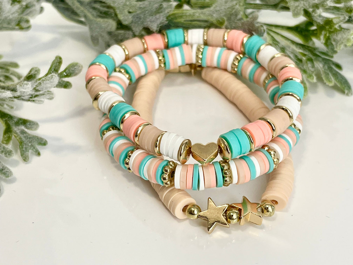 Heishi Stack Bracelets - Teals, Corals & Gold #2 (Youth Sizing)