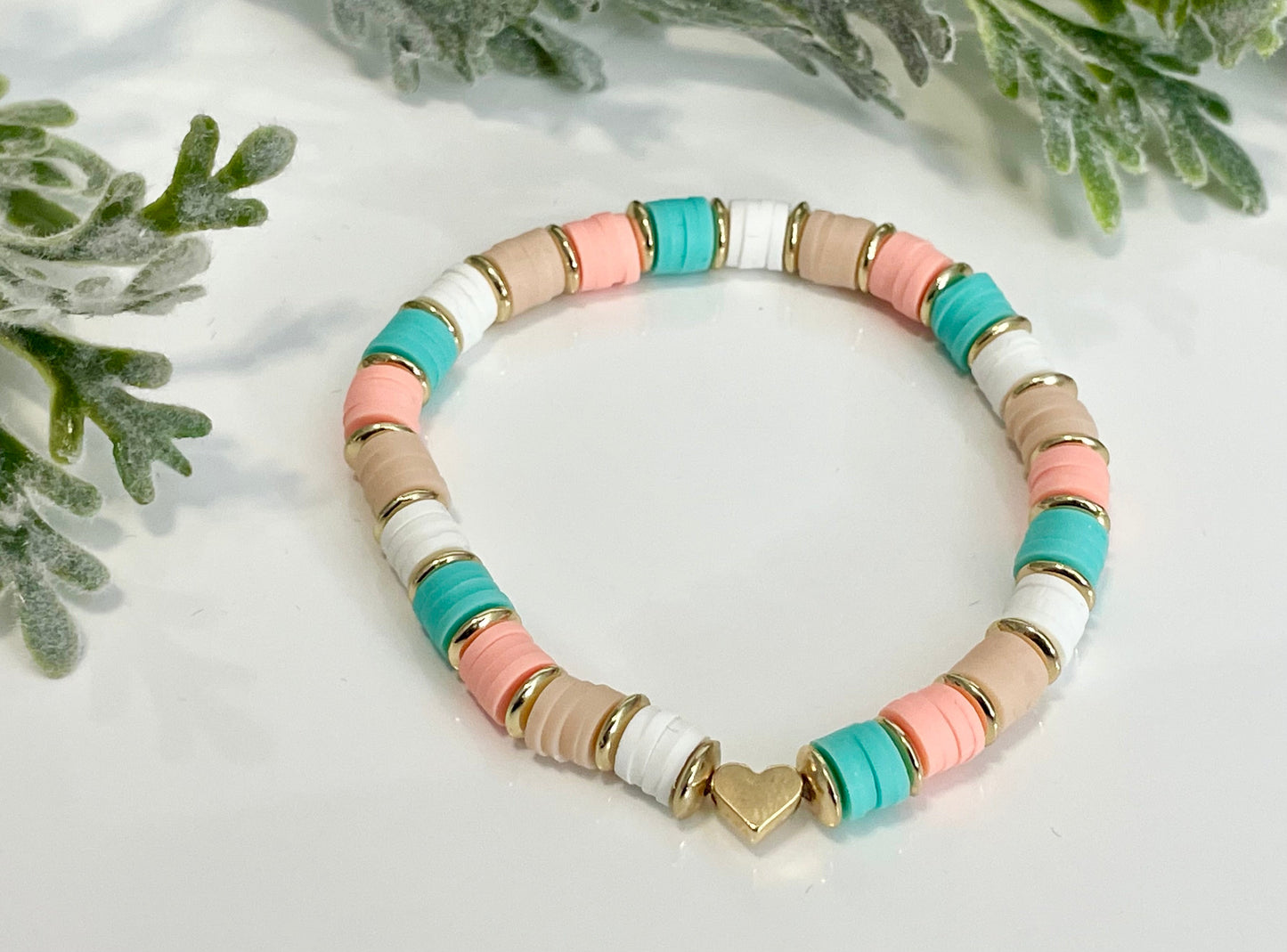 Heishi Stack Bracelets - Teals, Corals & Gold #2 (Youth Sizing)