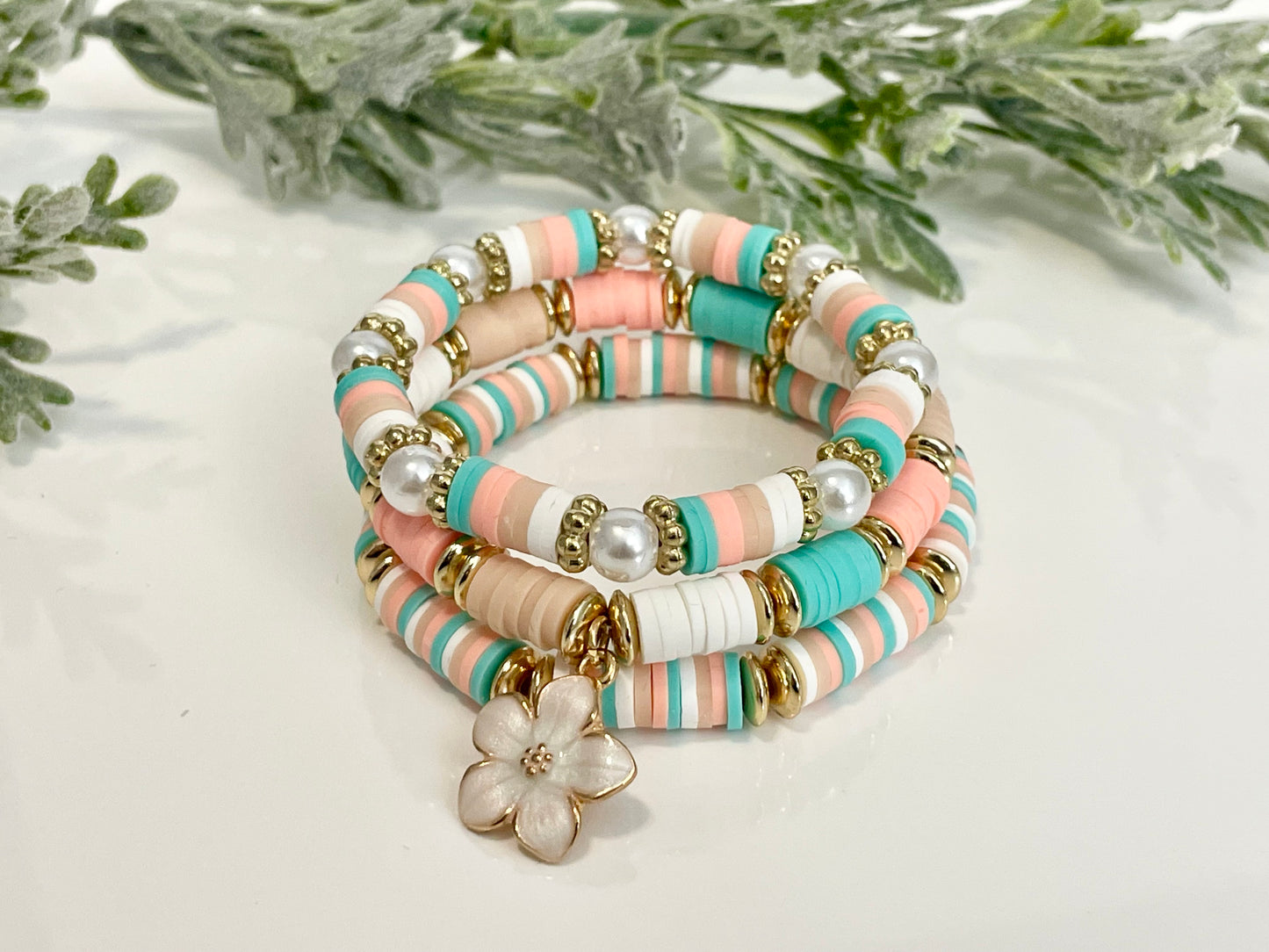 Heishi Stack Bracelets - Teals, Corals & Gold (Youth Sizing)