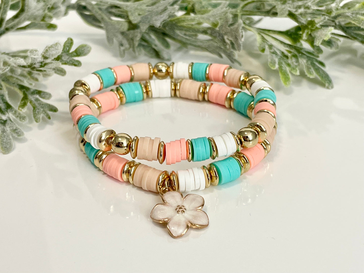 Heishi Stack Bracelets - Teals, Corals & Gold #2 (Youth Sizing)