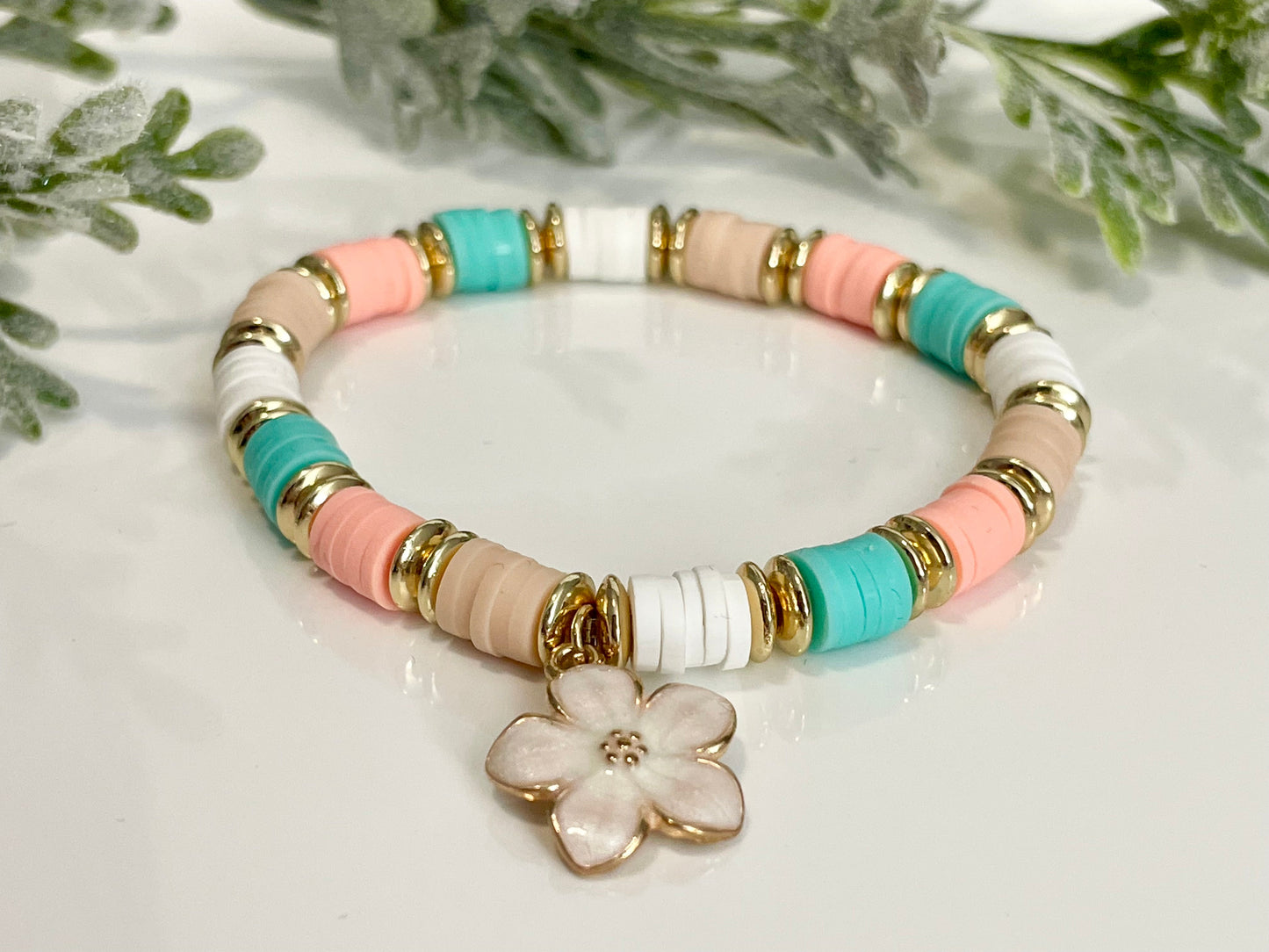 Heishi Stack Bracelets - Teals, Corals & Gold #2 (Youth Sizing)