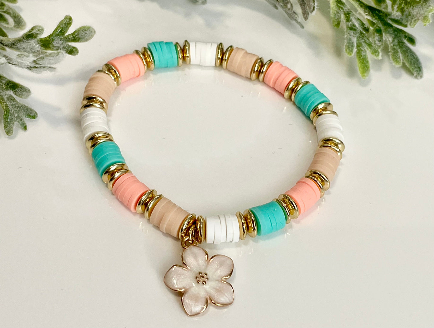 Heishi Stack Bracelets - Teals, Corals & Gold #2 (Youth Sizing)