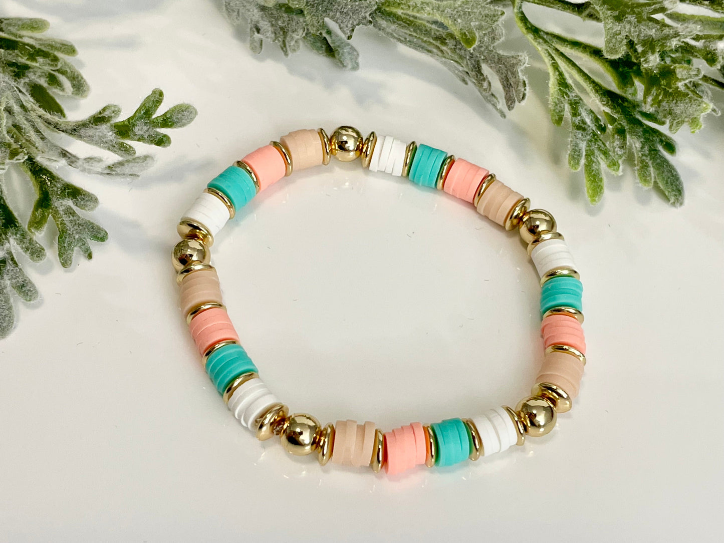 Heishi Stack Bracelets - Teals, Corals & Gold #2 (Youth Sizing)