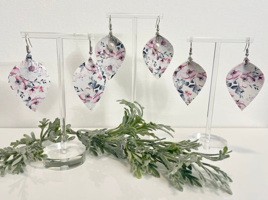 Leatherette Earrings - Pink & Grey Floral