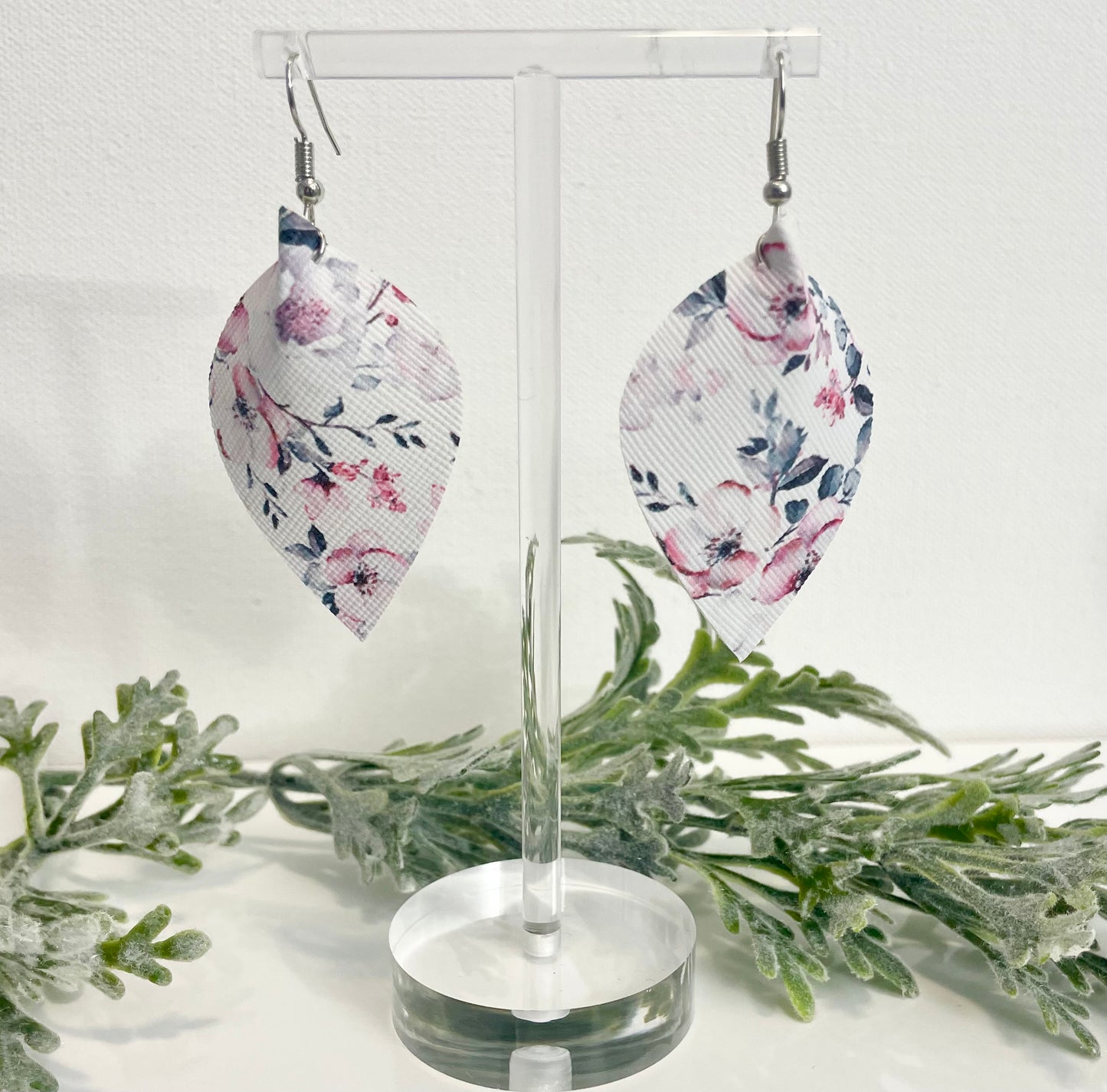 Leatherette Earrings - Pink & Grey Floral