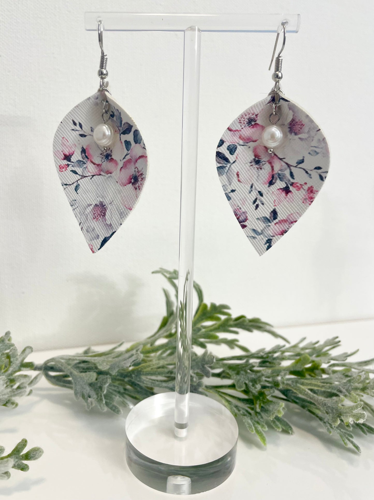 Leatherette Earrings - Pink & Grey Floral