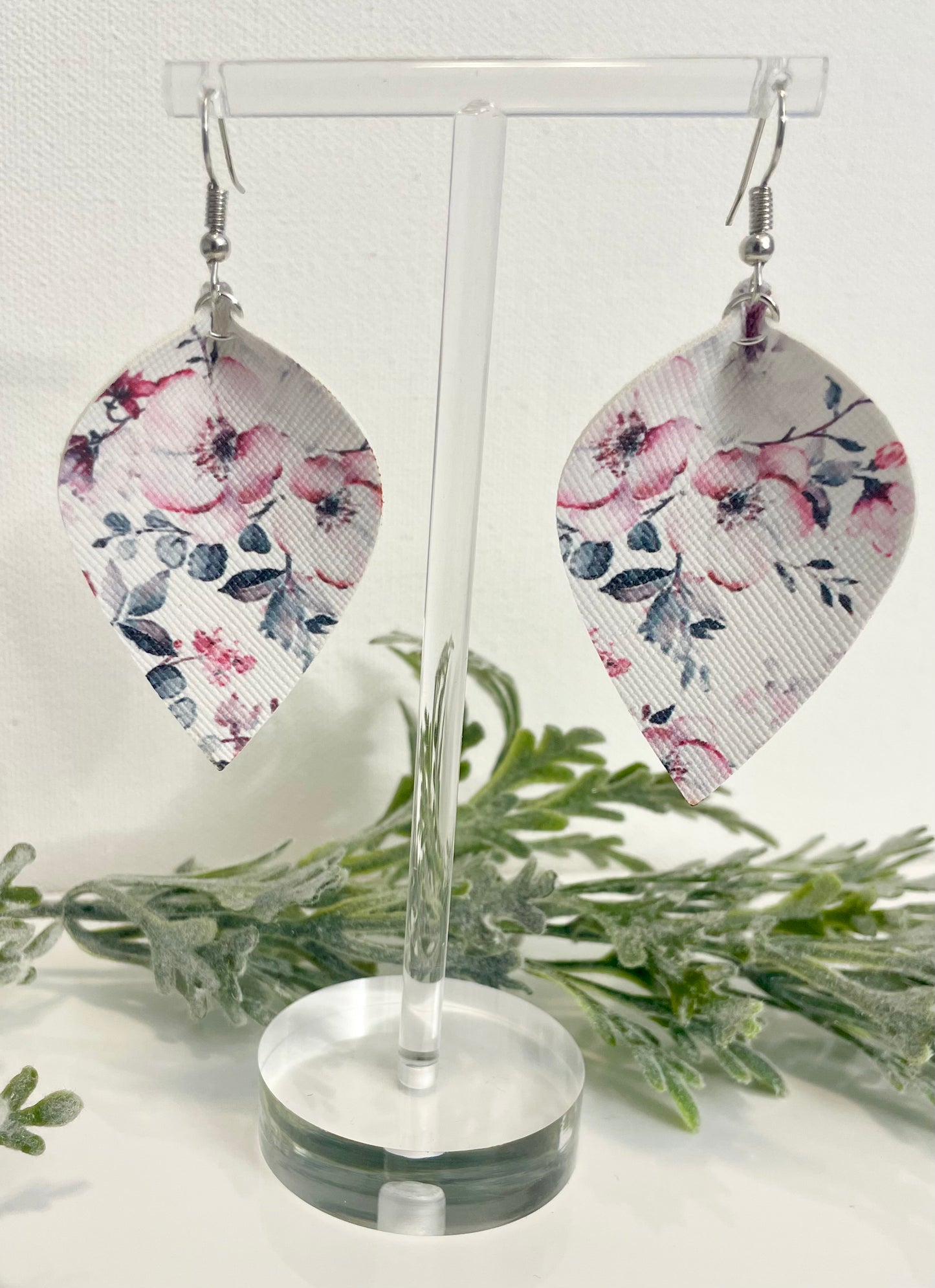 Leatherette Earrings - Pink & Grey Floral