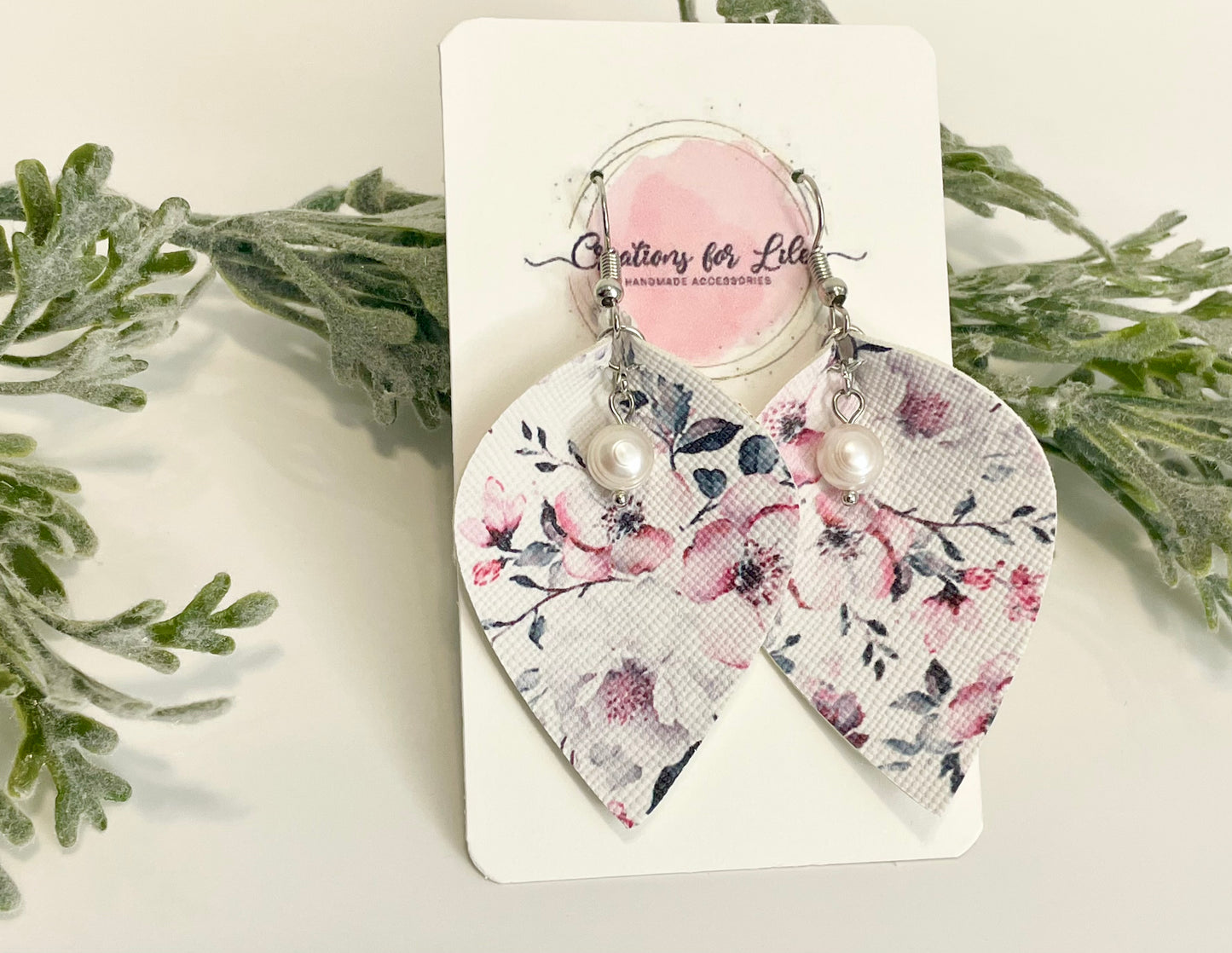 Leatherette Earrings - Pink & Grey Floral