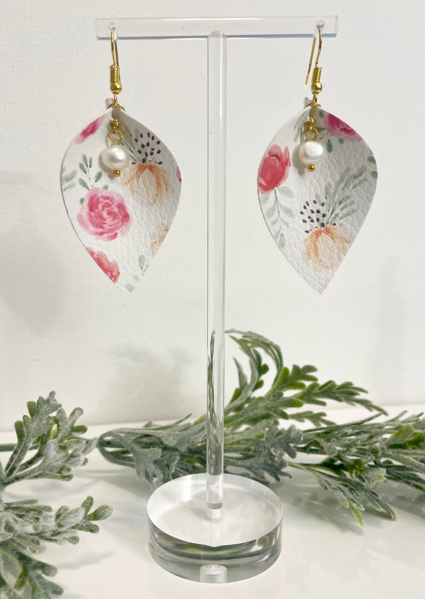 Leatherette Earrings - Pink & Peach Floral